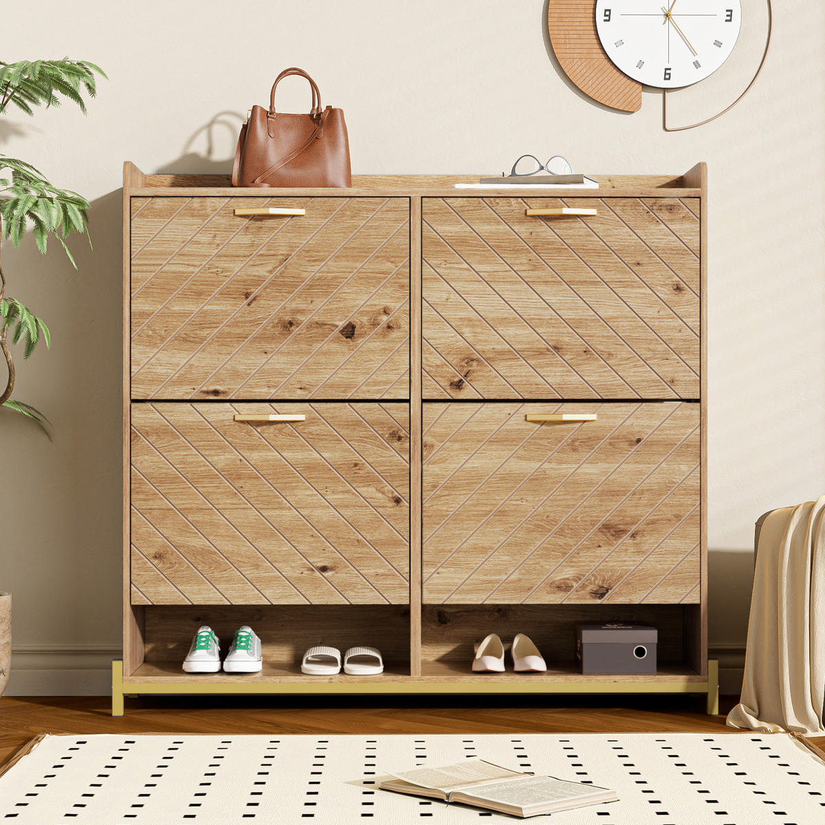 SCHUHSCHRANK in Holzoptik mit 4 Klappen, Schuhkipper für Flur und Diele - Naturfarben, Holz (108/100/24cm) - PARAFTA HOME