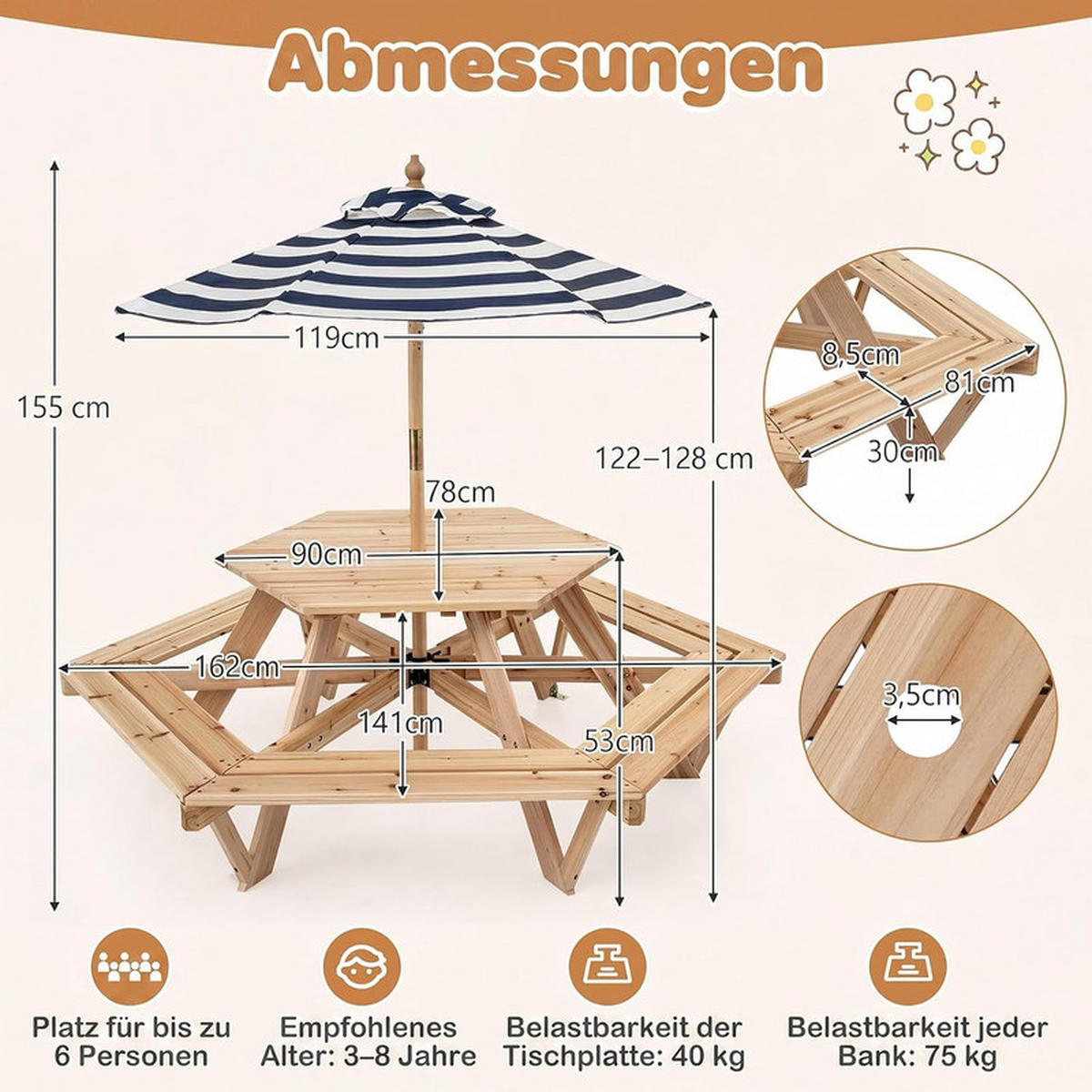 KINDER OUTDOOR-SITZGRUPPE mit Sonnenschirm natur - Naturfarben, Holz - COSTWAY