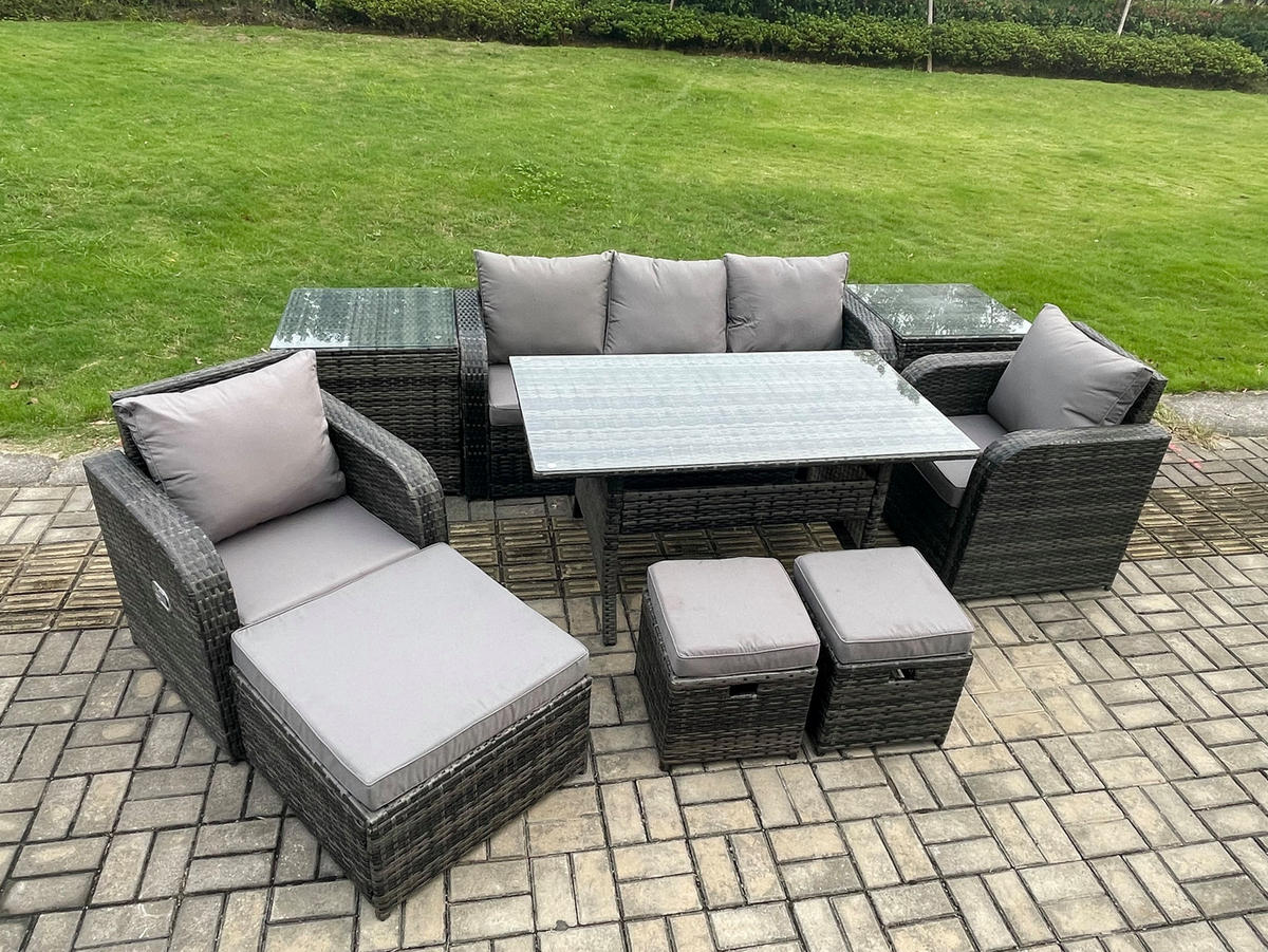 GARTENSET mit 3-Sitzer-Sofa,Beistelltischen,Esstisch Polyrattan 8-Sitzer - Dunkelgrau/Grau, Glas/Kunststoff - Fimous