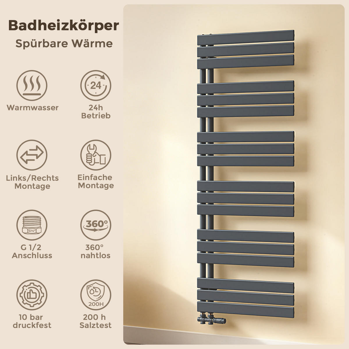 HEIZKÖRPER 132/50 cm Anthrazit Warmwasser aus Stahl 695 W mit Mittelanschluss G1/2" - Anthrazit, Metall (50/132/5.9cm) - S'AFIELINA