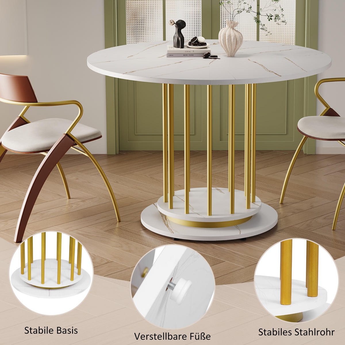 ESSTISCH SET mit 4 Stühlen, Weißer Marmoroptik und Goldene Beine - Beige, Holzwerkstoff/Textil (110/74.6/110cm) - Urban Meuble