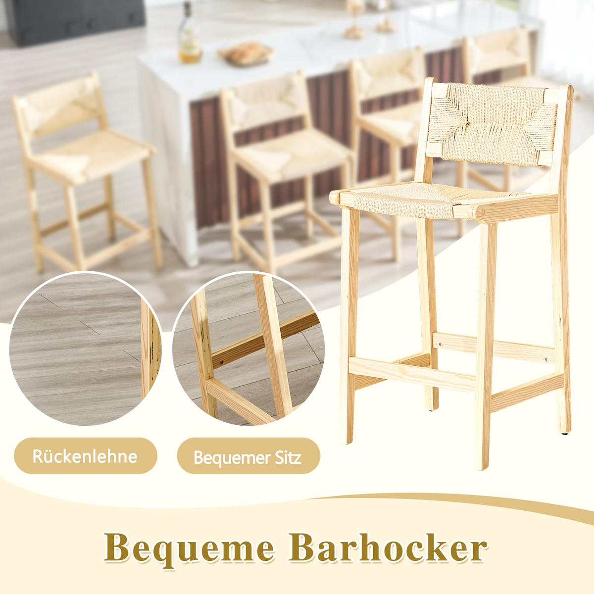 BARHOCKER 2er-Set Natur aus Massivholz mit handgewebtem Seilgeflecht und Rückenlehne - Naturfarben, Holz (44/89/42cm) - PANGIVO