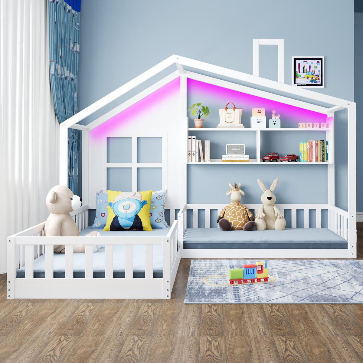 KINDERBETT 90/200 cm mit LED-Beleuchtung, Regalen und Sicherheitsgitter, Weiß - Weiß, Holzwerkstoff (90/200cm) - Redom