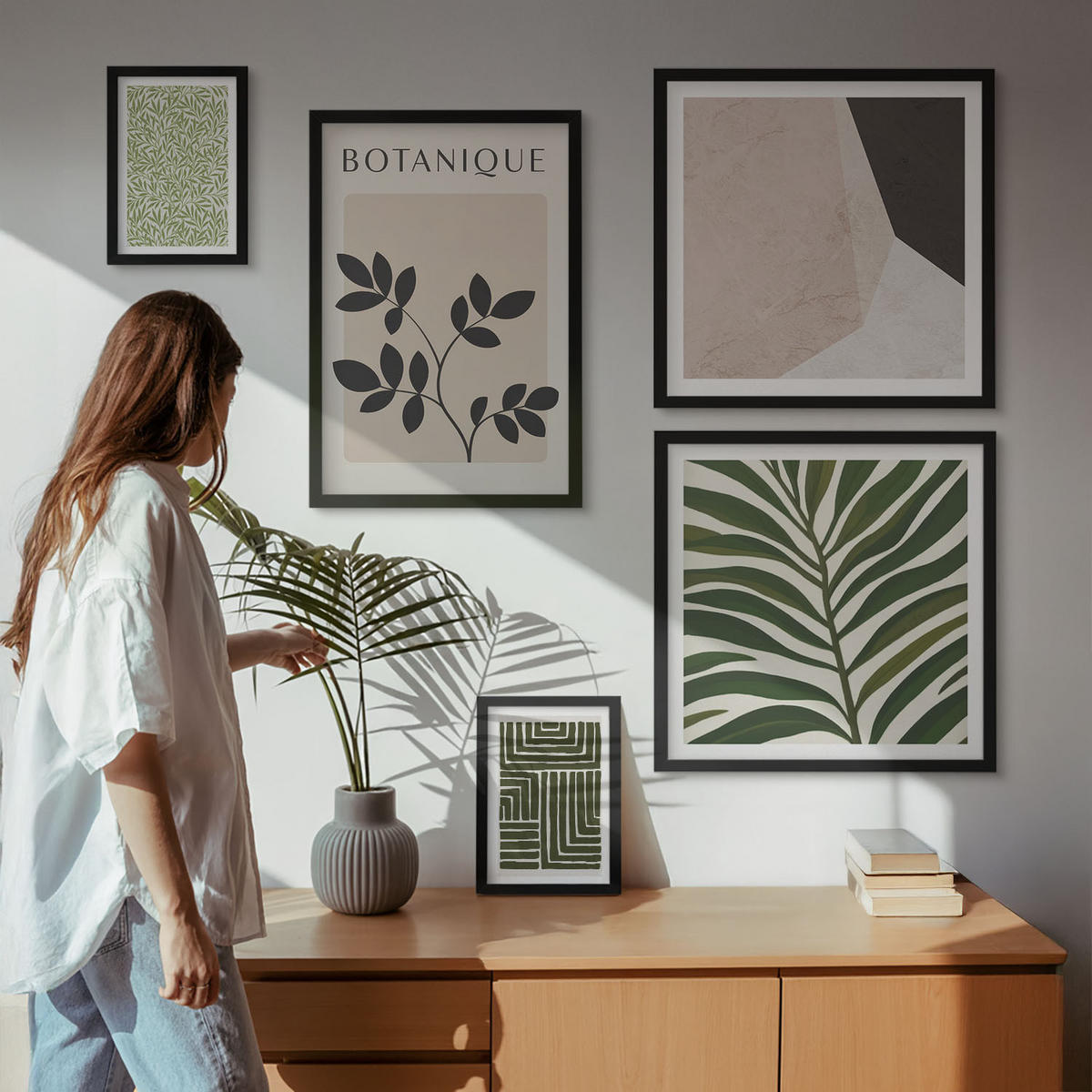 BILDER SET 5er Set - 50x50 cm & 20x30 cm & 40x60 cm Schwarzer Rahmen - Botanische Boho-Kompositionen - Schwarz, Kunststoff (40/60cm) - TULUP
