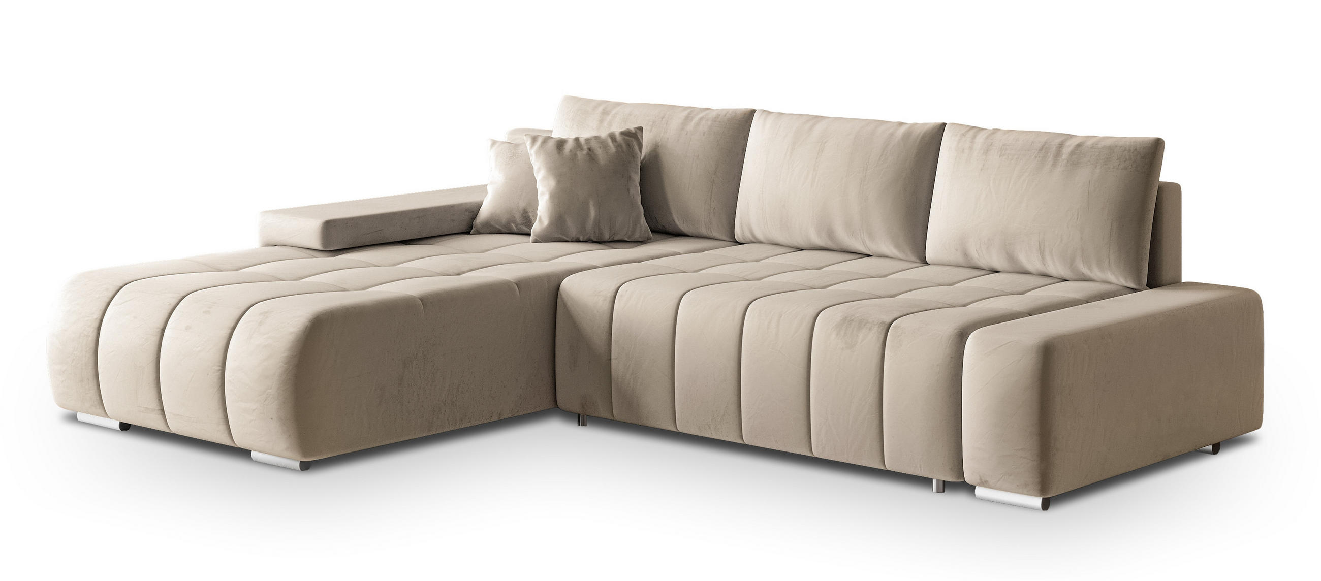 ECKSOFA ALESE L-S Creme Velours-Stoff mit Schlaffunktion - Creme, Holz (265/185cm) - MASSENO