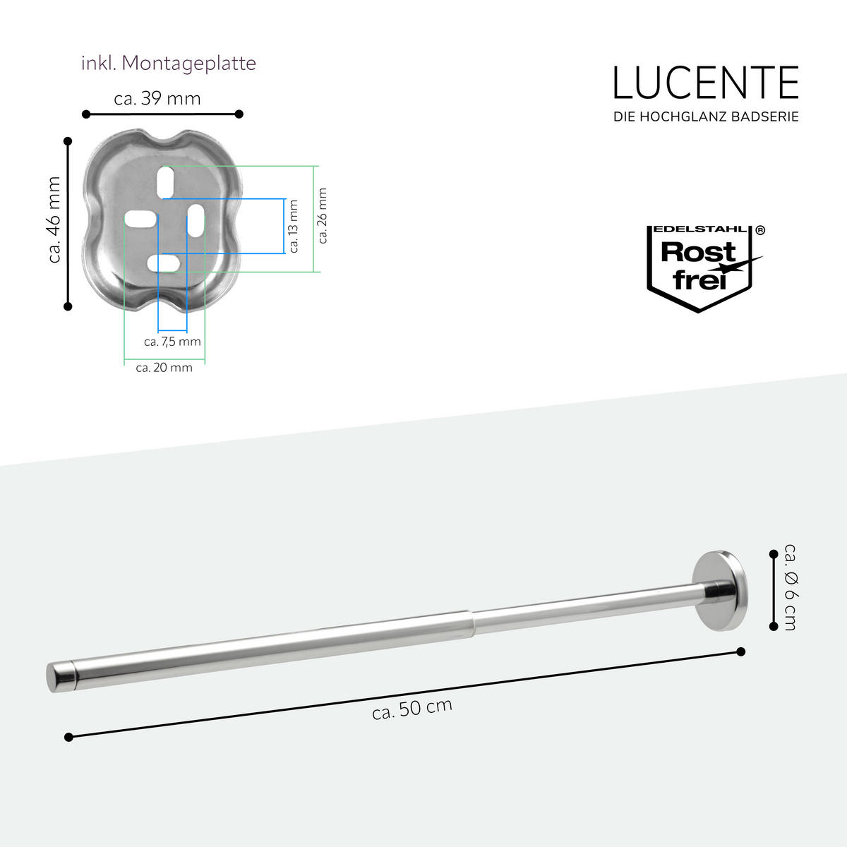 TELESKOPHANDTUCHSTANGE LUCENTE Edelstahl - Chromfarben, Metall (6/6/50cm) - bremermann
