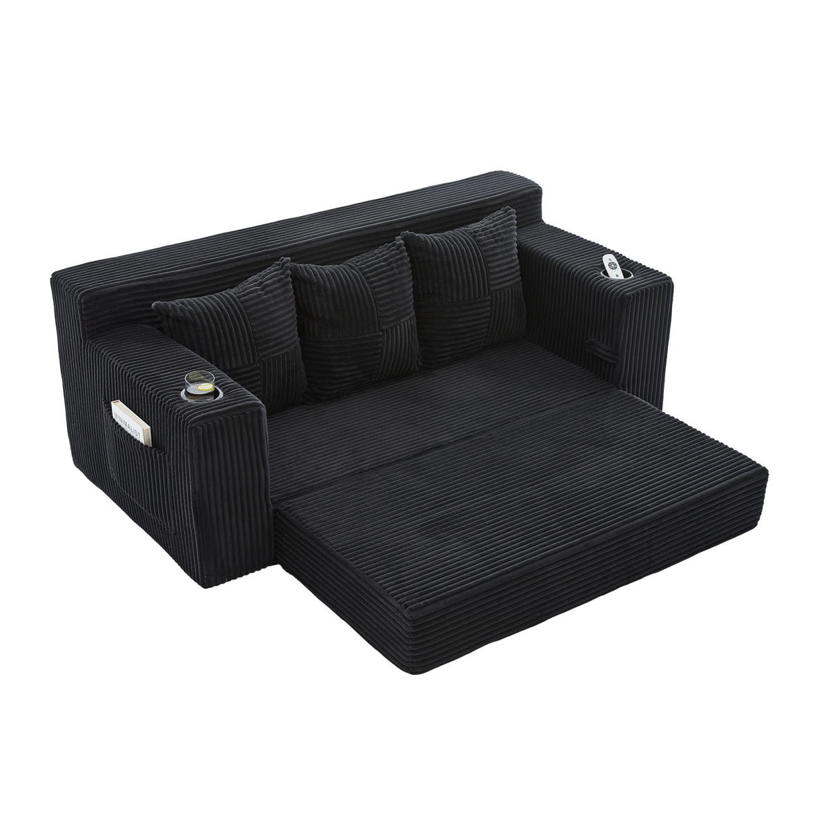 SCHLAFSOFA Modular mit Getränkehaltern und Seitentaschen, DE-42913, Schwarz - Schwarz, Textil (172/64/87cm) - ComfortXL