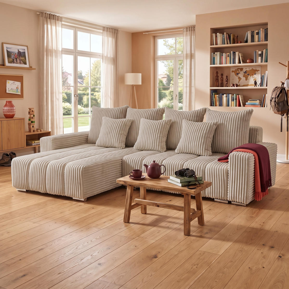 ECKSOFA PIANO L Links mit Schlaffunktion 137x234 Cord Beige - Beige/Silberfarben, Holz/Textil (278/178cm) - Muffo