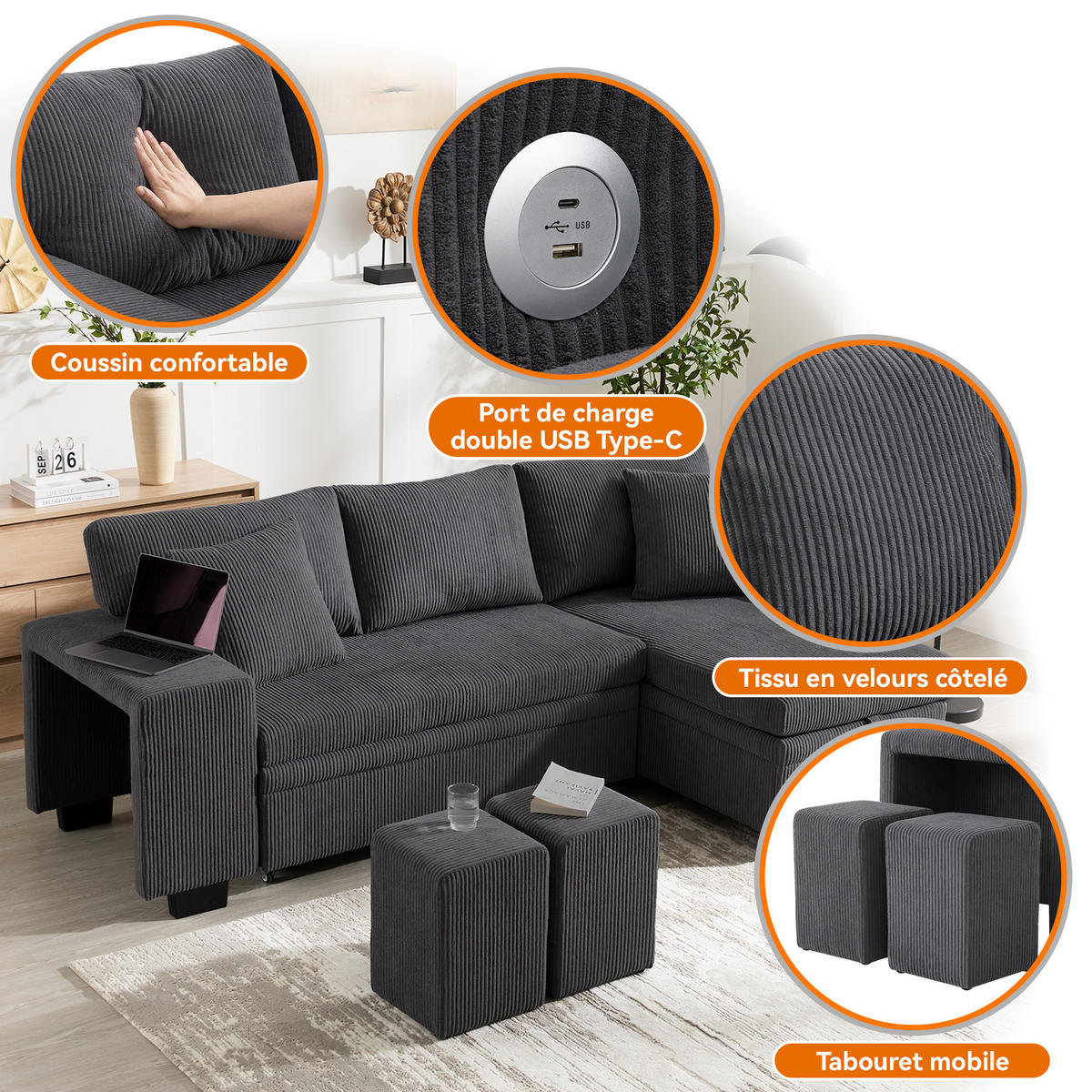 SCHLAFSOFA L-Form mit USB, Kissen und Seitenablagen - Grau, Textil (231/84/131.5cm)