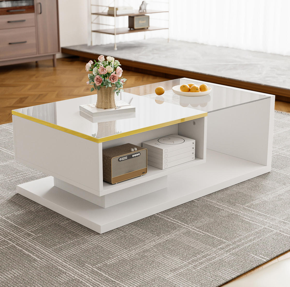 COUCHTISCH 90/50/32,5 cm in Hochglanz-Weiß mit LED-Beleuchtung und Glasplatte - Weiß, Holzwerkstoff (90/50/32.5cm) - Flora Grace
