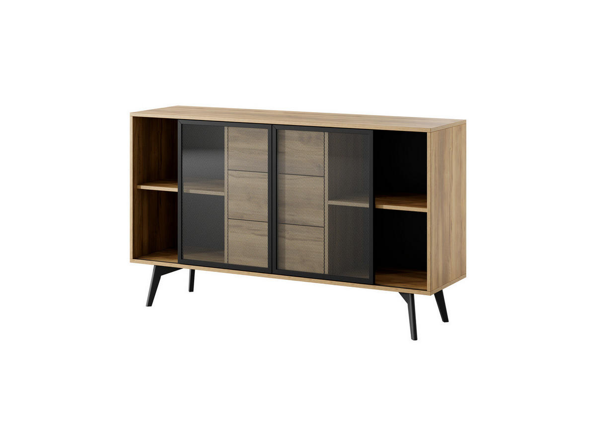 SIDEBOARD MOTTI KSZ144 144 cm (Barock Eiche, Glas-Schiebetüren, Push to Open, Schwarze Details) - Eichefarben/Schwarz, Glas/Holz (143/85/39cm) - Ravio