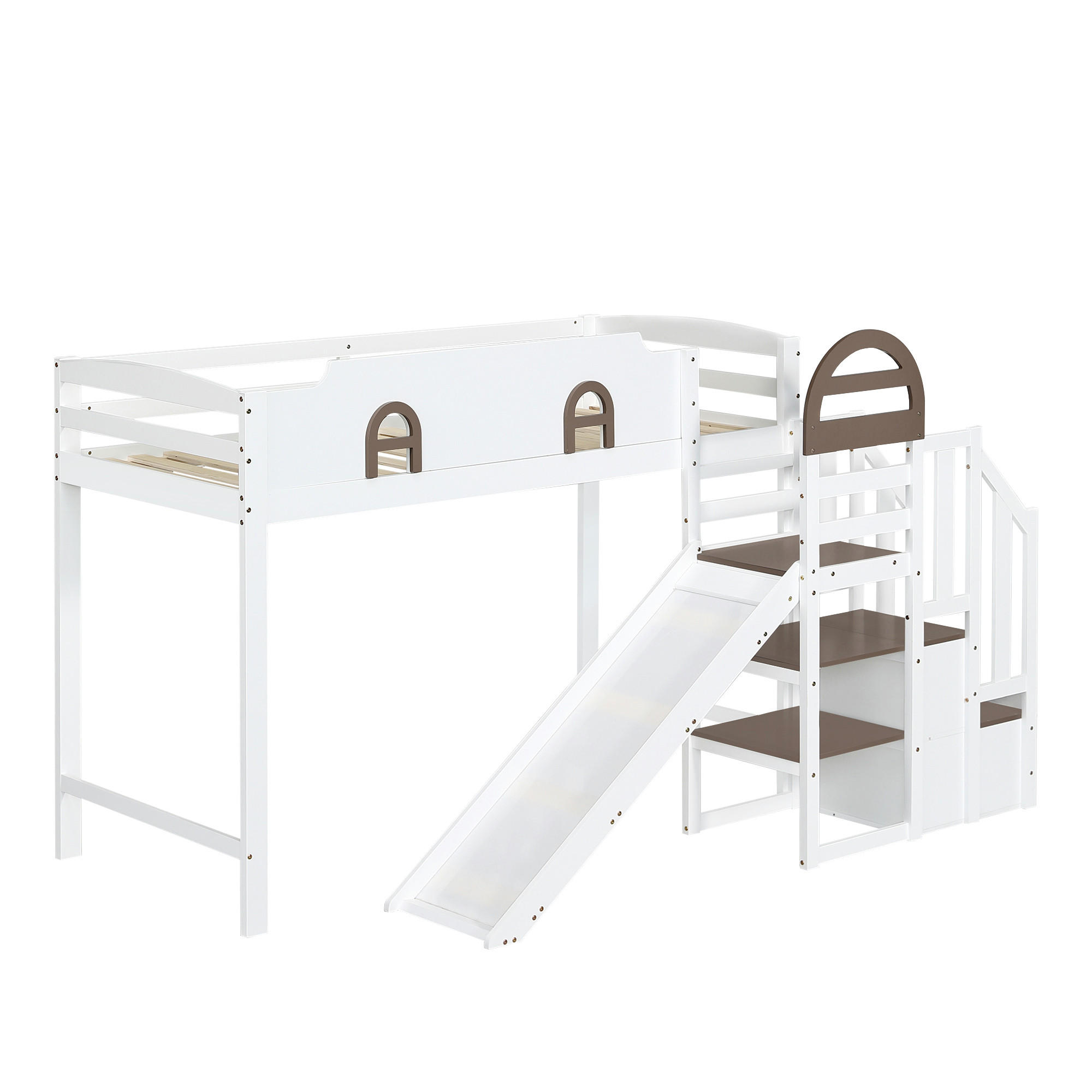 SPIELBETT 90/200 cm DE-02310, in Weiß, mit Fenster, Rutsche und Treppenschränken - Weiß, Holz/Holzwerkstoff (90/200cm) - ComfortXL