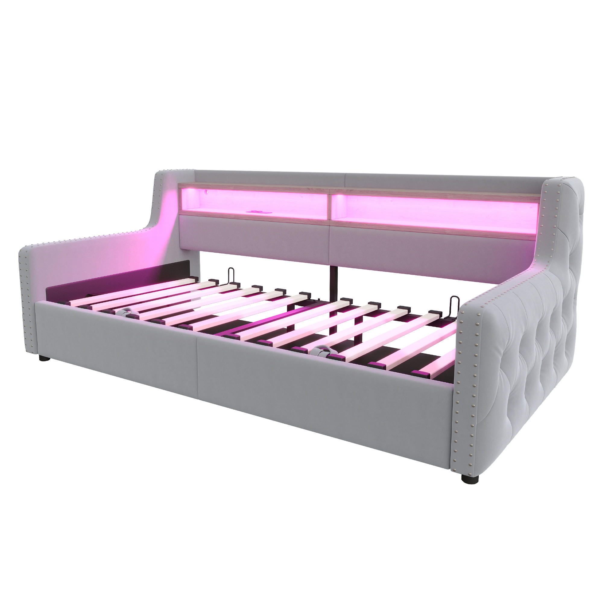 POLSTERBETT 90/200 cm DE-02101, in Hellgrau, mit Sofafunktion, LED und Hydraulik - Hellgrau, Metall (90/200cm) - ComfortXL