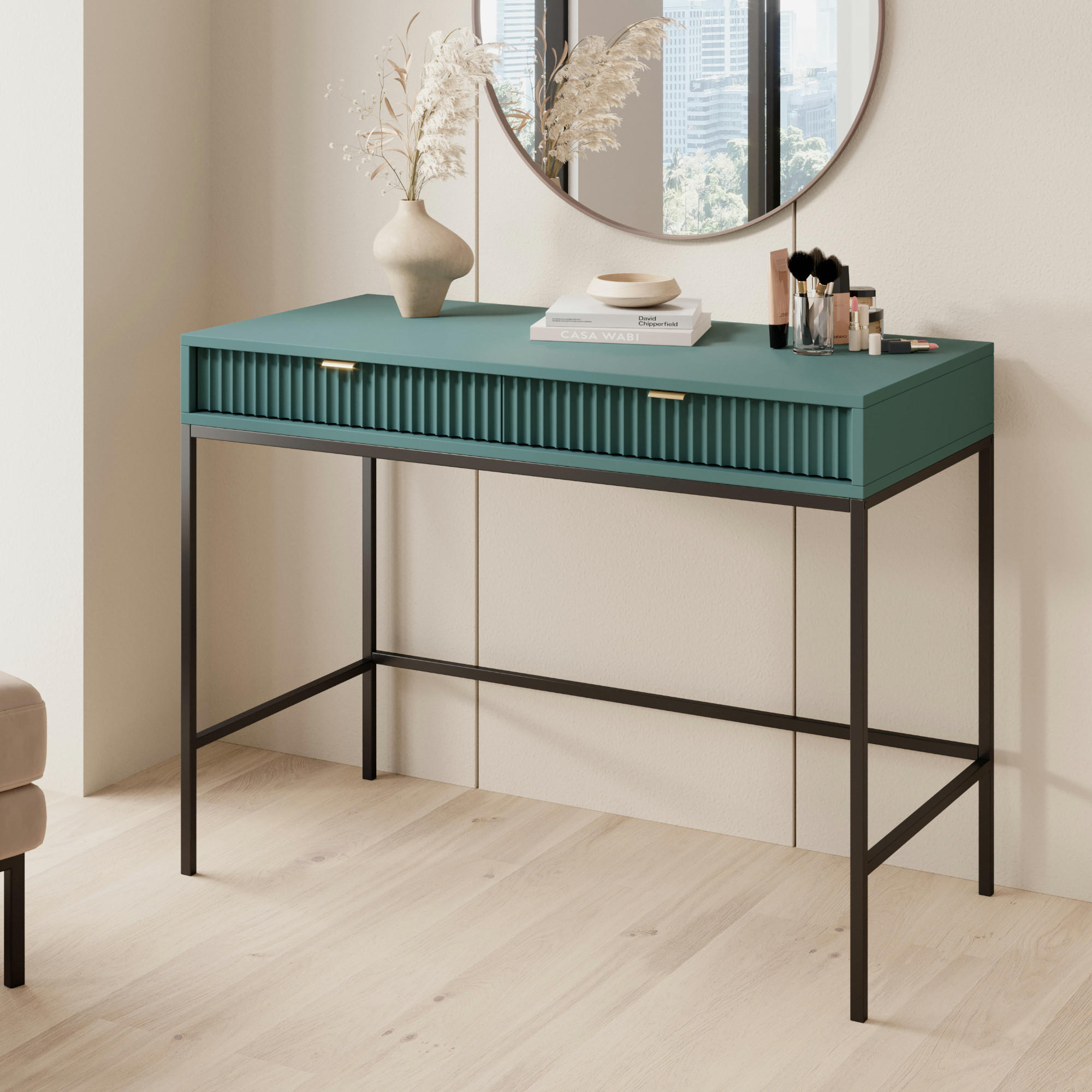 SCHMINKTISCH NANAIMO TOA1-2S Profilierte Fronten, Grün - Grün, Holzwerkstoff/Kunststoff (104/77/50cm) - Komodee