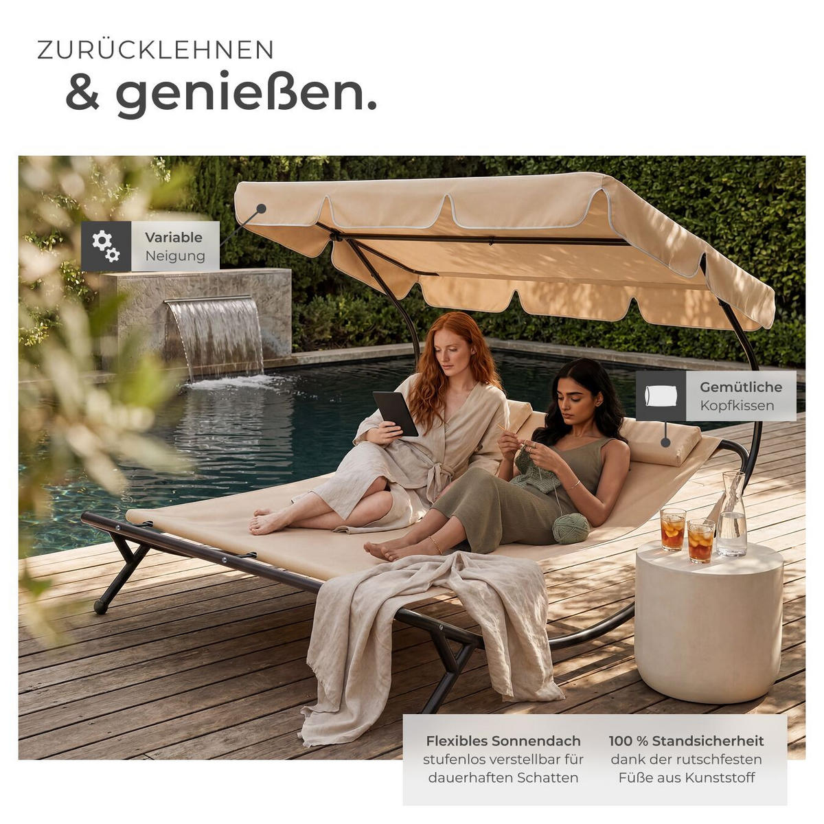 GARTENLIEGE Livorno, 215 x 183 x 150 cm, schwarz/beige - Beige/Schwarz, Kunststoff (185/175/195cm) - tectake