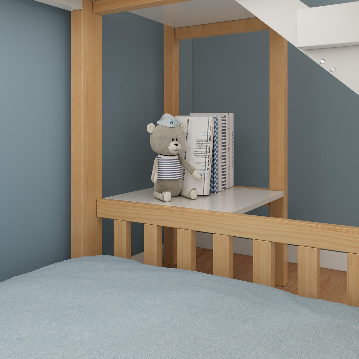 ETAGENBETT 90/200 cm & 90/200 cm in Weiß & Natur Kinderbett mit Regal und Rutsche im Hausbett-Design - Weiß/Naturfarben, Holzwerkstoff (90/200cm) - STILVORA
