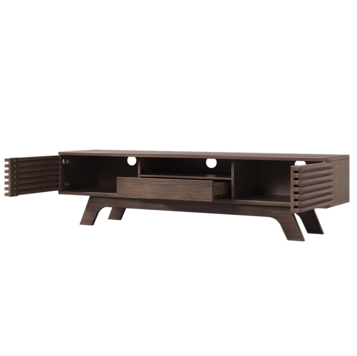TV-LOWBOARD aus Spanplatte 150x35x44 cm Natur mit 2 Türen, Schublade und Kabeldurchführung im Vintage-Lamellendesign - Hellbraun, Holzwerkstoff (150/44/35cm) - Modfu
