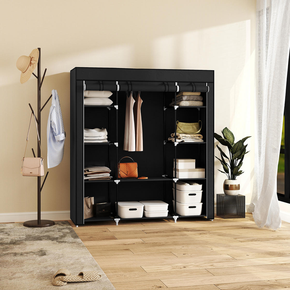 STOFFSCHRANK, Faltschrank mit Reißverschluss, Kleiderschrank, Tragbare Garderobe - Schwarz, Metall (43/162.5/150cm) - HOMCOM