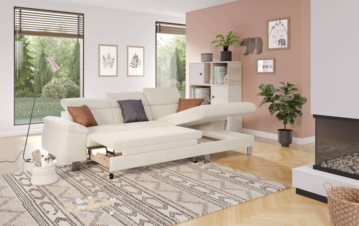 ECKSCHLAFSOFA mit Bettkasten – Cord-Stoff - Chromfarben/Beige, Holz/Textil (166/244cm) - Cotta