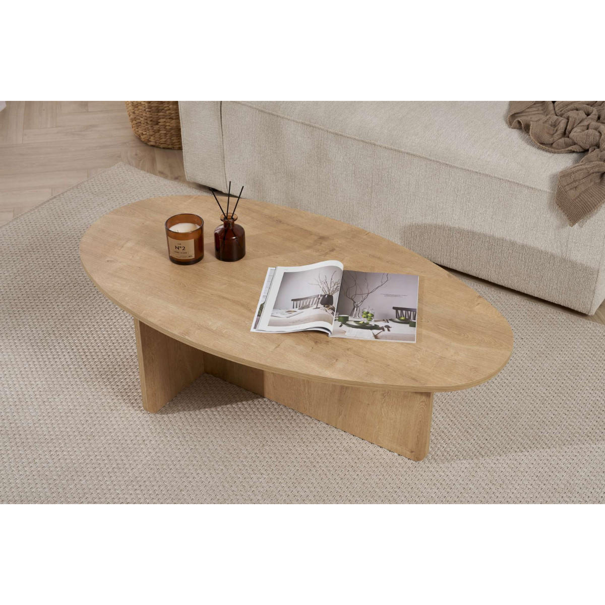 COUCHTISCH mit ovaler Platte L125 cm 65/120/40 cm - Eichefarben, Holzwerkstoff (70/65/40cm) - Calicosy