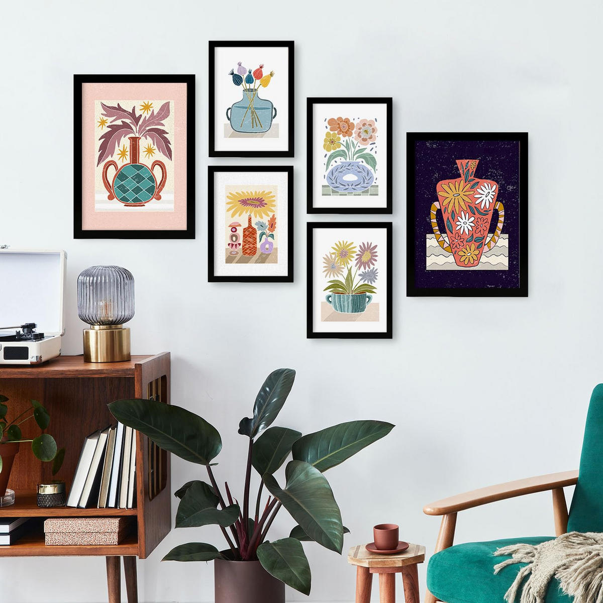 POSTER Set Mit 6 Vase im ethnischen Stil Größe A3 & A4 Schwarzer Rahmen - Schwarz, Papier (29.7/1cm) - Nacnic
