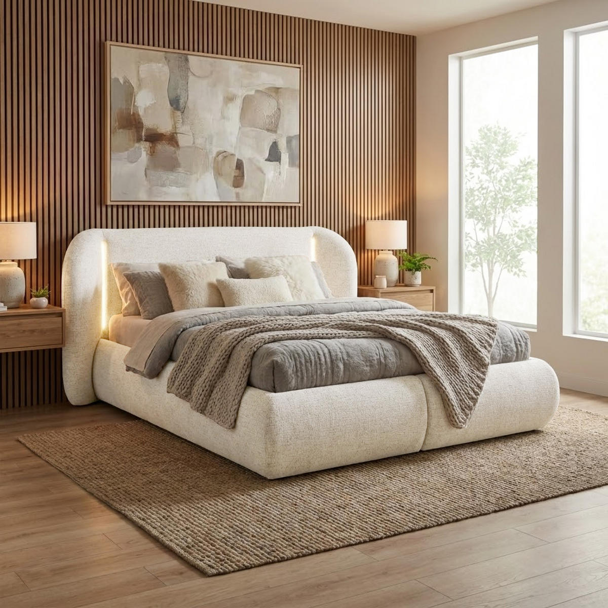 POLSTERBETT Corfu, LED-Beleuchtung, Bettkasten und Taschenfedernmatratze 26 cm, 140x200, Beige - Beige, Textil (140/200cm) - Beautysofa