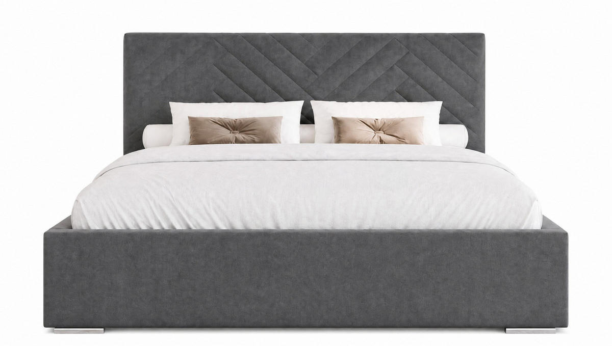 MARPUR Polsterbett AURA 140x200 cm mit Bettkasten und Lattenrost, Veloursstoff Dunkelgrau - Chromfarben/Dunkelgrau, Holz/Holzwerkstoff (140/200cm) - Marpur