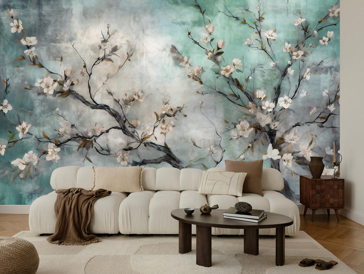 FOTOTAPETE für Schlafzimmer Abstrakte Kirschblüten Beton Pflanzen 200x140 - Beige/Braun, Papier (200/140cm) - Muralo