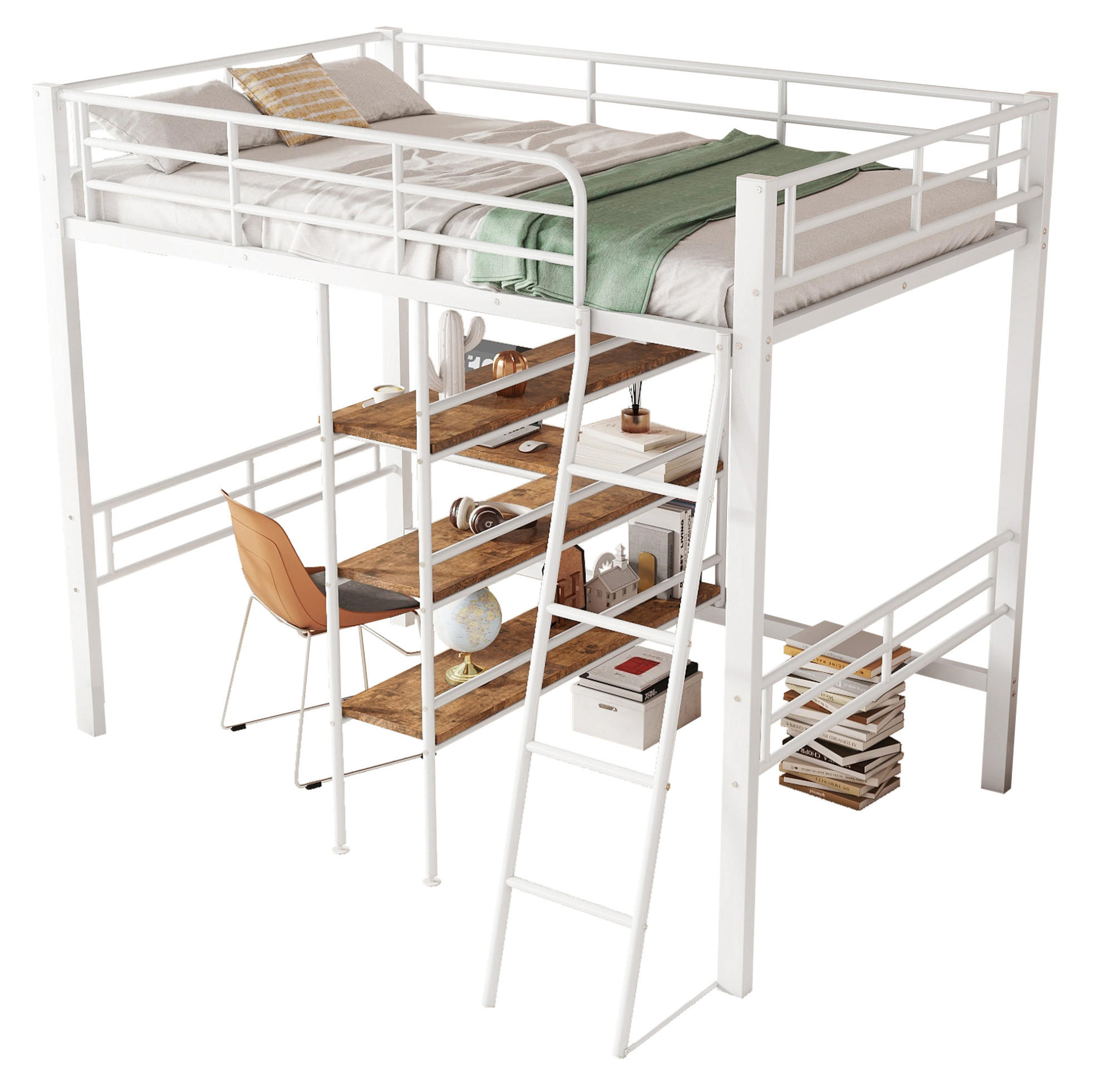 HOCHBETT 90/200 cm Weiß aus Metall mit Schreibtisch - Weiß, Metall (90/200cm) - OKMYHOME