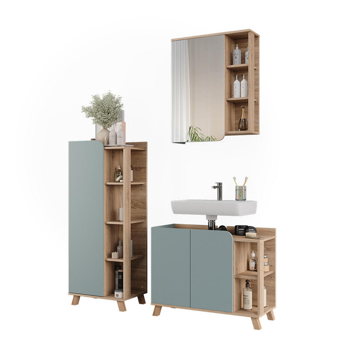 BADMÖBEL-SET Karen Sonoma/Blau 3 Teile - Blau, Holzwerkstoff (80/65/35cm) - Vicco