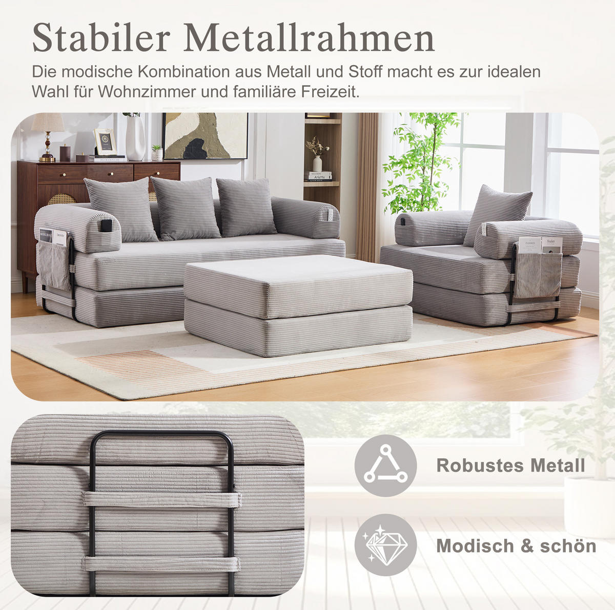 SOFA 200/190/67 cm in Hellgrau aus Cord mit Hocker und Kissen - Hellgrau, Textil (190/67/200cm) - Flora Grace