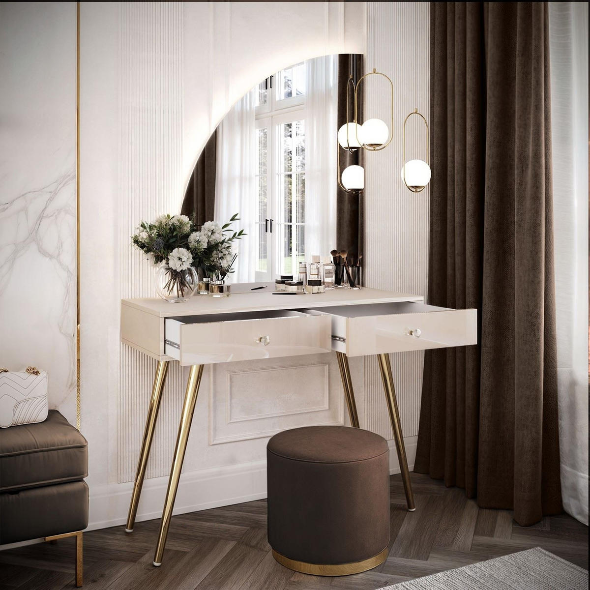 SCHMINKTISCH SIENNA-QS KASCHMIR mit LED-Spiegel Kristallgriff - Beige, Holzwerkstoff (100/81/42cm) - Lookway