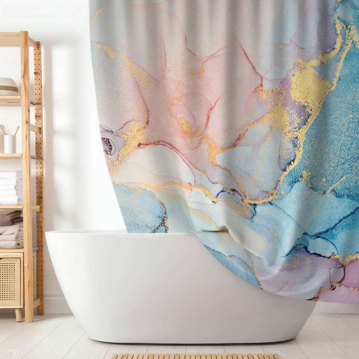 DUSCHVORHANG Aquarell Pastell Bunt mit Gold 180/180 cm - Pastellblau, Textil (180/180cm) - Bilderwelten