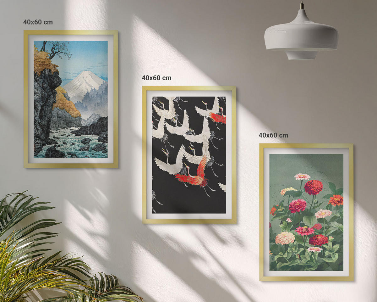 BILDER SET 3er Set - 40x60 cm Goldrahmen - Berge, Wasserfälle, Vögel, Blumen - Goldfarben, Kunststoff (40/60cm) - TULUP