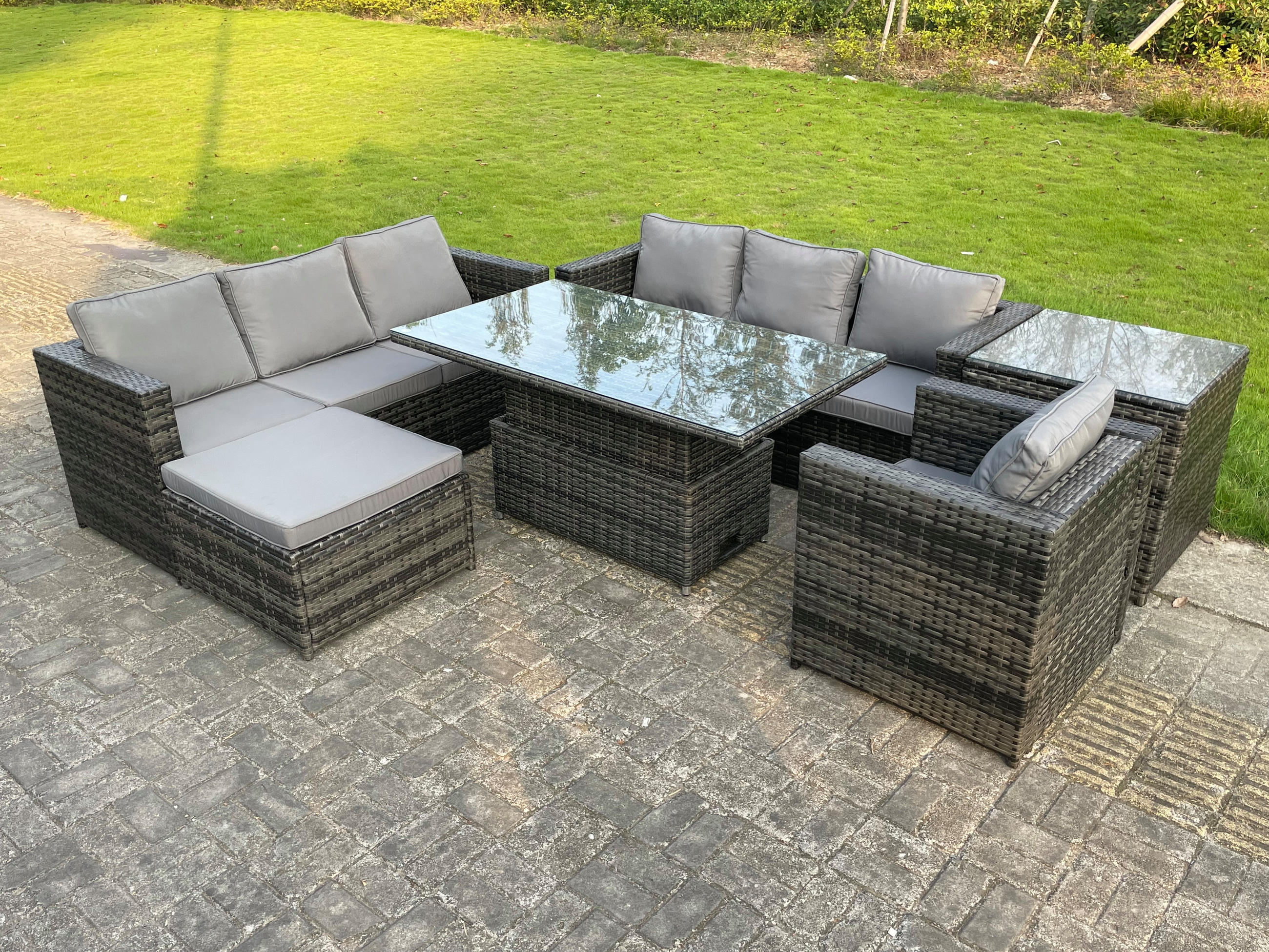 GARTENTISCHGRUPPE Polyrattan 8-Sitzer - Dunkelgrau/Grau, Glas/Kunststoff - Fimous