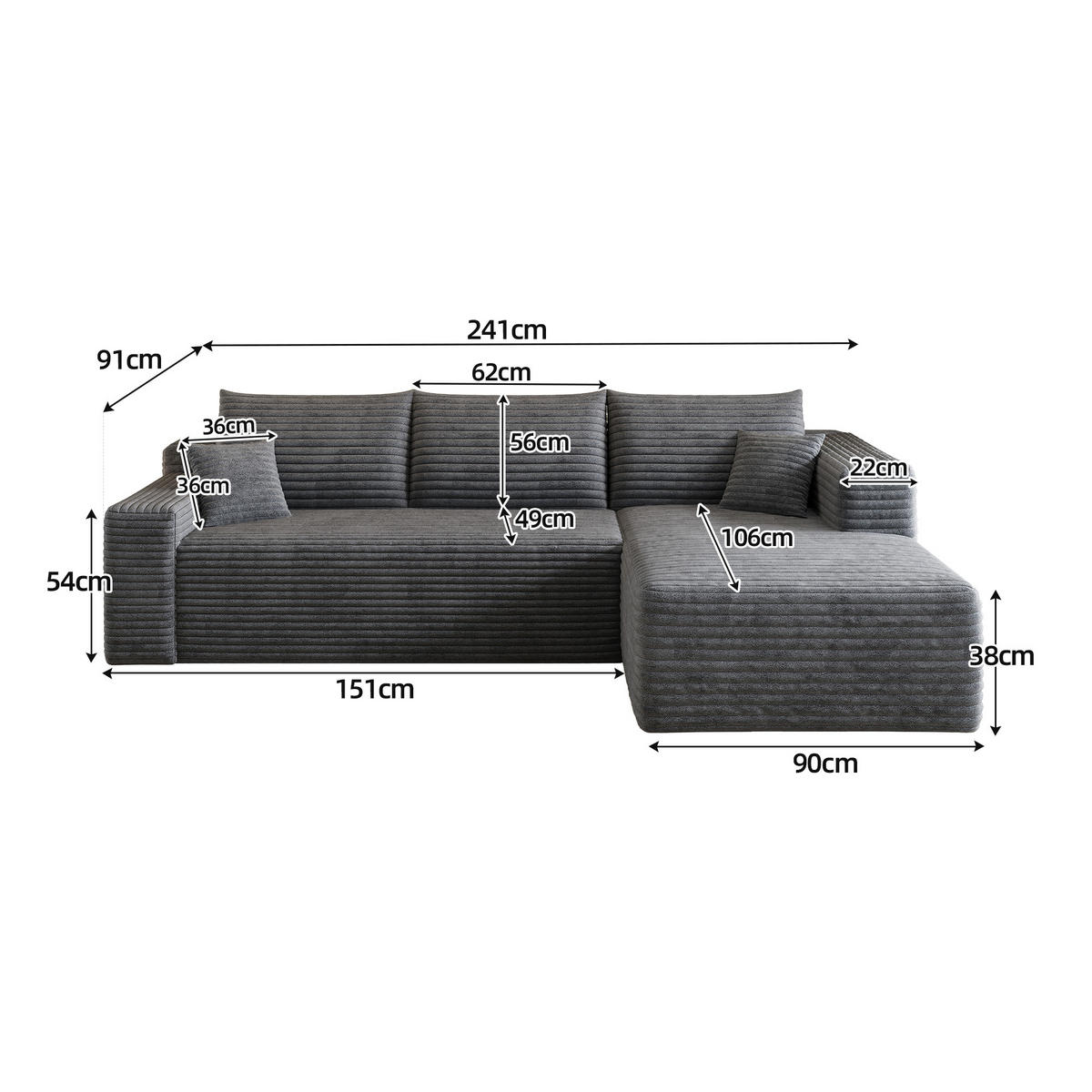 ECKSOFA 241/151/58 cm dunkelgrau aus Stoff mit Chaiselongue und ohne Montage - Dunkelgrau, Textil (151/241cm) - OKWISH