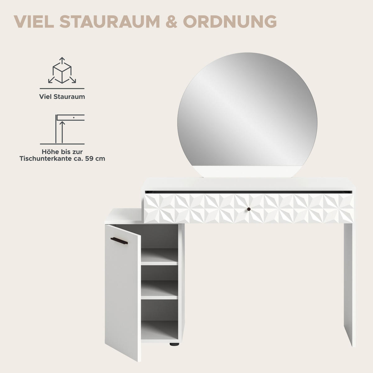 SCHMINKTISCH Prisma Schminktisch in weiß Melamin und weiß hochglanz B/H/T: 117x137x42 cm - Weiß, Holzwerkstoff (117/138/42cm)