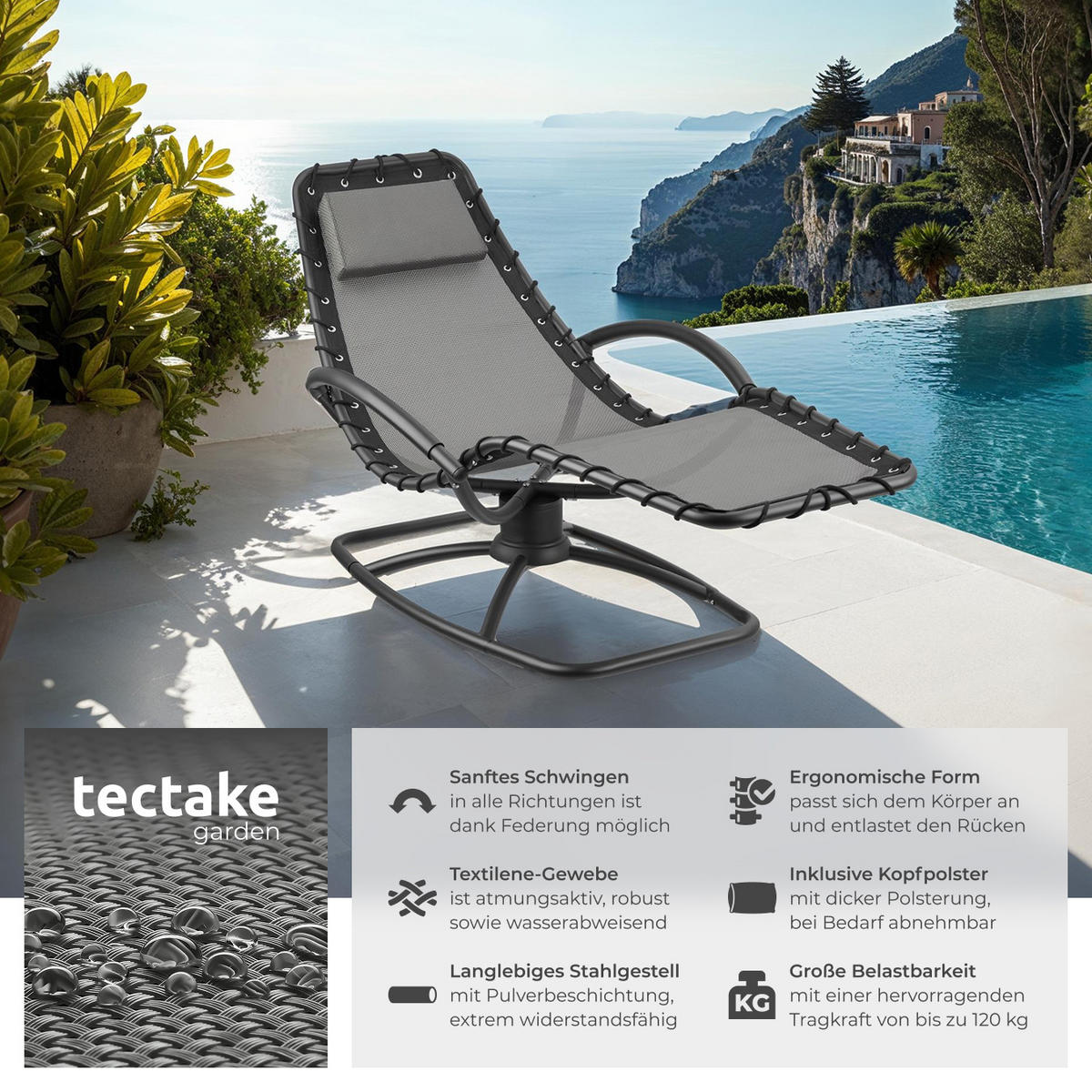 GARTENLIEGE Toulon,abnehmbares Kopfpolster,grau - Grau, Textil (77/83/170cm) - tectake
