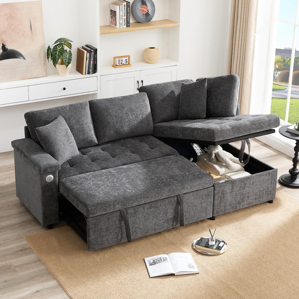ECKSCHLAFSOFA L-Form, Chenille mit Stauraum & USB-Anschluss, 209/130/84 cm, Dunkelgrau - Dunkelgrau, Textil (130/84/209cm) - Redom