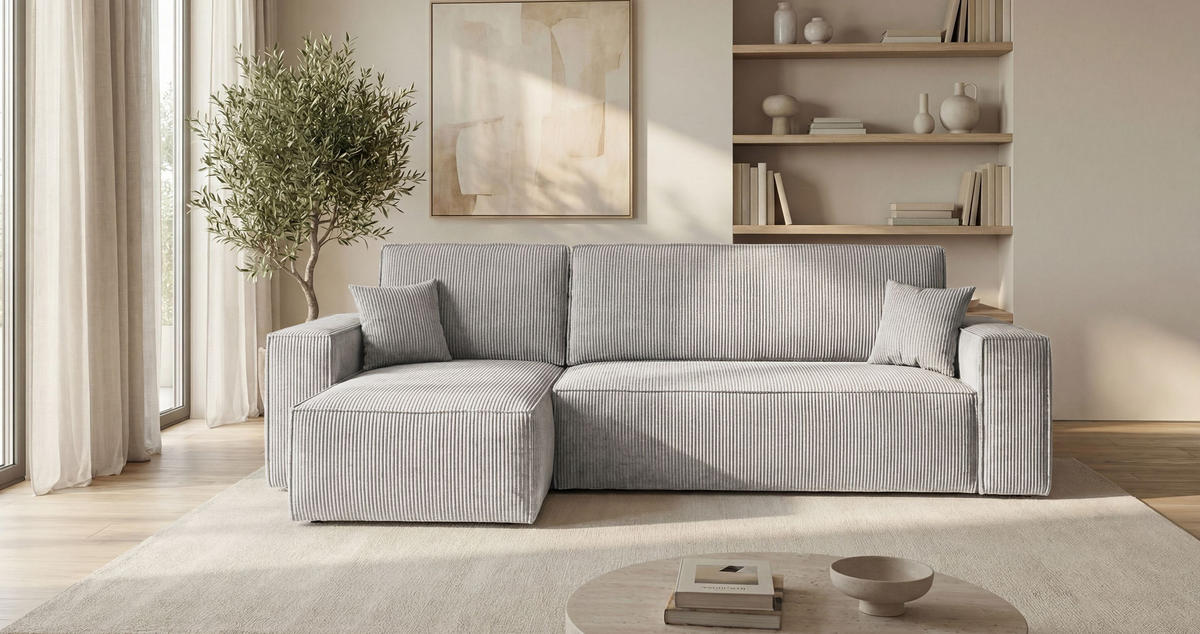 ROHOVÁ pohovka CALIFORNIA MINI levá šedá manšestr Poso 55 - funkce spaní, úložný prostor - šedá, textil (245/140cm) - Cornero