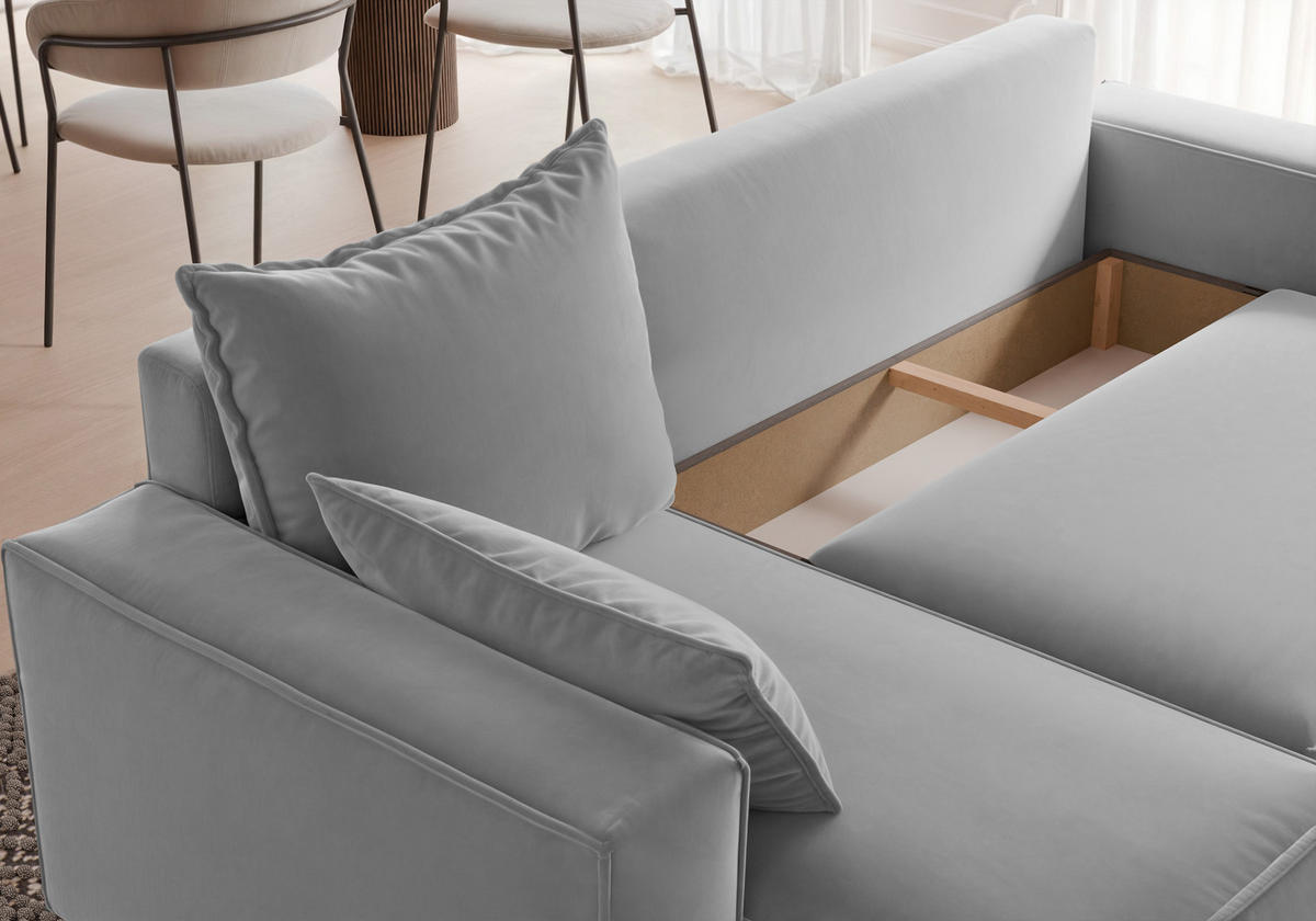 ECKSOFA Tobi mit Bettkasten und Schlaffunktion, L-Form, Velourstoff, Universal - Grau, Holzwerkstoff (246/145cm) - 4ALL HOME