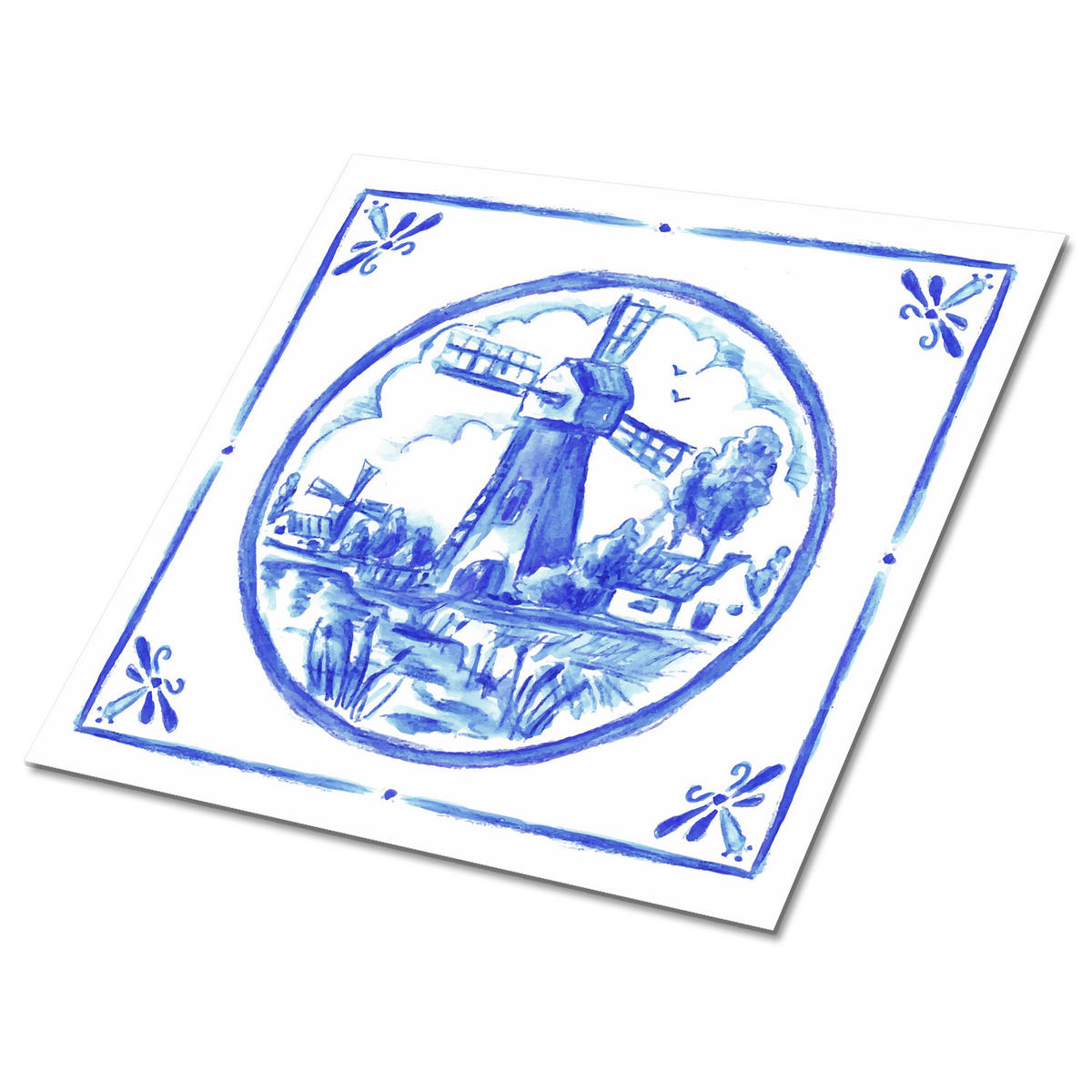 FLIESENAUFKLEBER 9 Stück 30x30 cm selbstklebend Windmühle im Azulejos-Stil - Blau, Textil (30/1.6/30cm) - TULUP