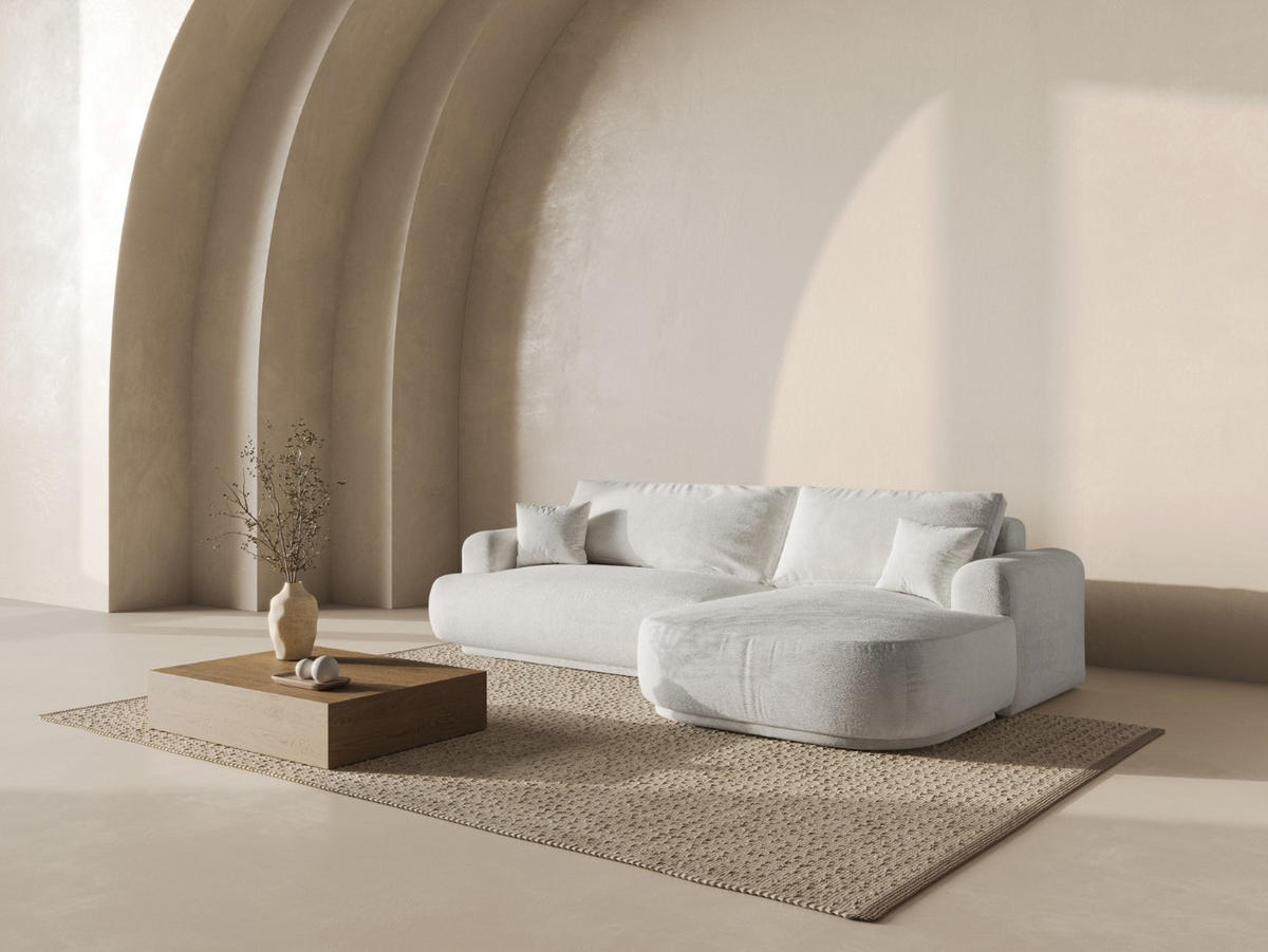 SCHLAFSOFA modular mit Bettkasten rechts Ella aus Boucle leichtes beige 5 Sitzplätze - Creme, Textil (174/271cm) - Micadoni