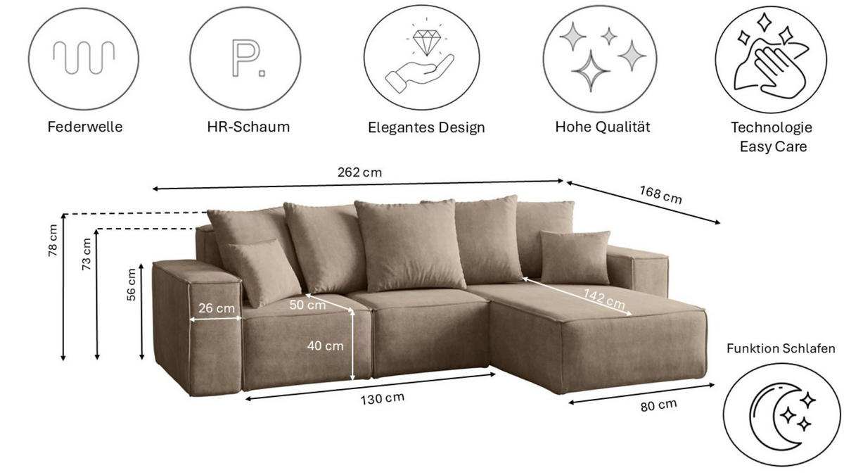 ECKSOFA L-Form Premium Kollektion ELLA Stoff Velours Noel Beige Rechts - Beige, Holz/Textil (262/168cm) - Kaiser Möbel