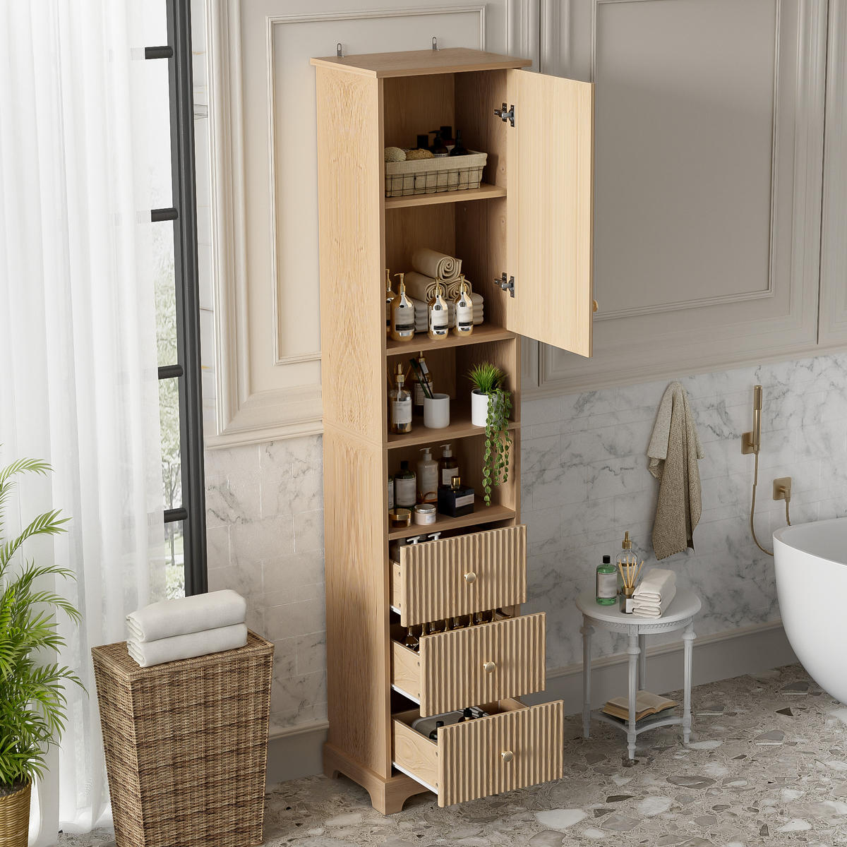 HOCHSCHRANK 40/30/172 cm Natürlich mit 2 Schubladen und 3 Schublade - Goldfarben/Naturfarben, Holz/Holzwerkstoff (30/172/40cm) - Oxeza