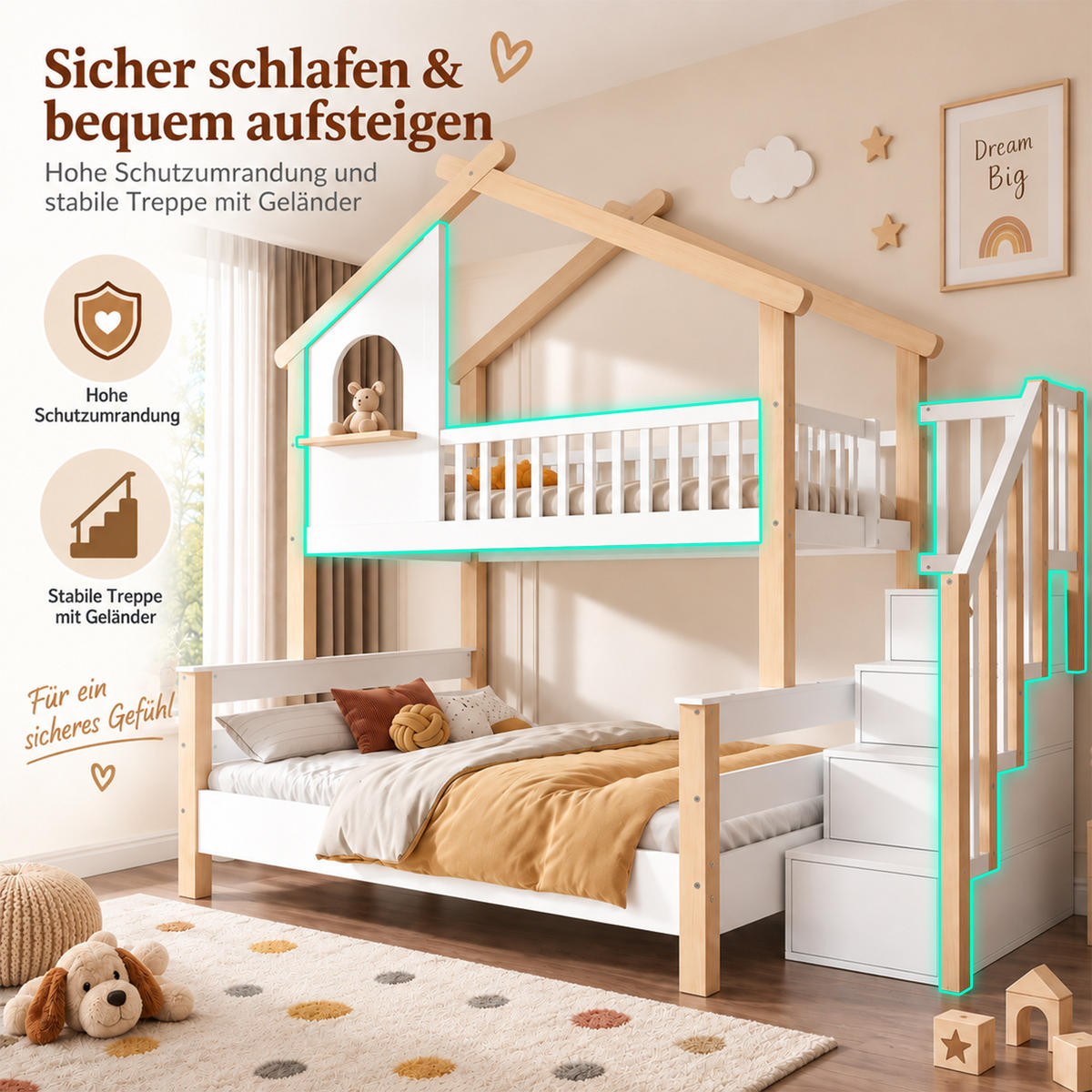 ETAGENBETT 90x190/120x190 mit Treppe/Stauraum, Rausfallschutz, Holz - Weiß, Holz (90/190cm) - LVHOM
