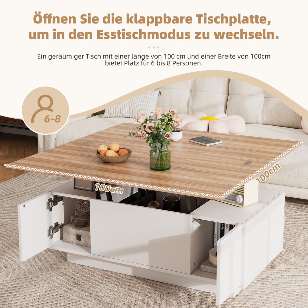 COUCHTISCH aus Spanplatte 100x50x55,5 cm in Weiß mit 2 Hebeplatten - Weiß, Holzwerkstoff (100/50/55.5cm) - Modfu