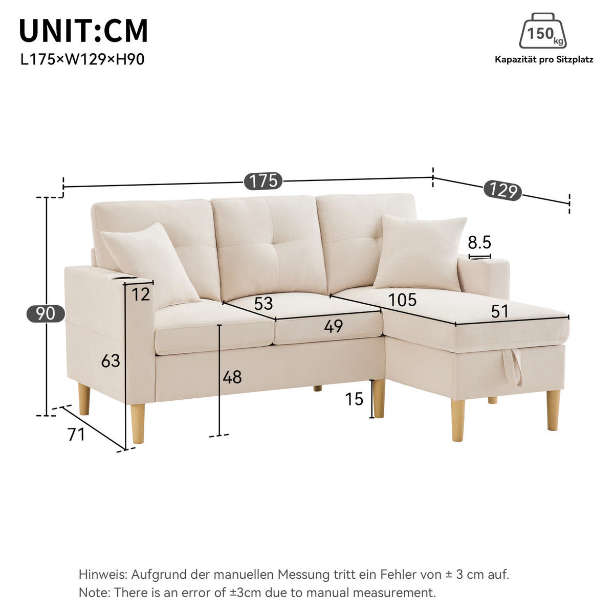 ECKSOFA L-Form Baumwoll-Leinen mit Stauraum und Getränkehaltern 175/129/90 cm Beige - Beige, Textil (175/129cm) - Redom