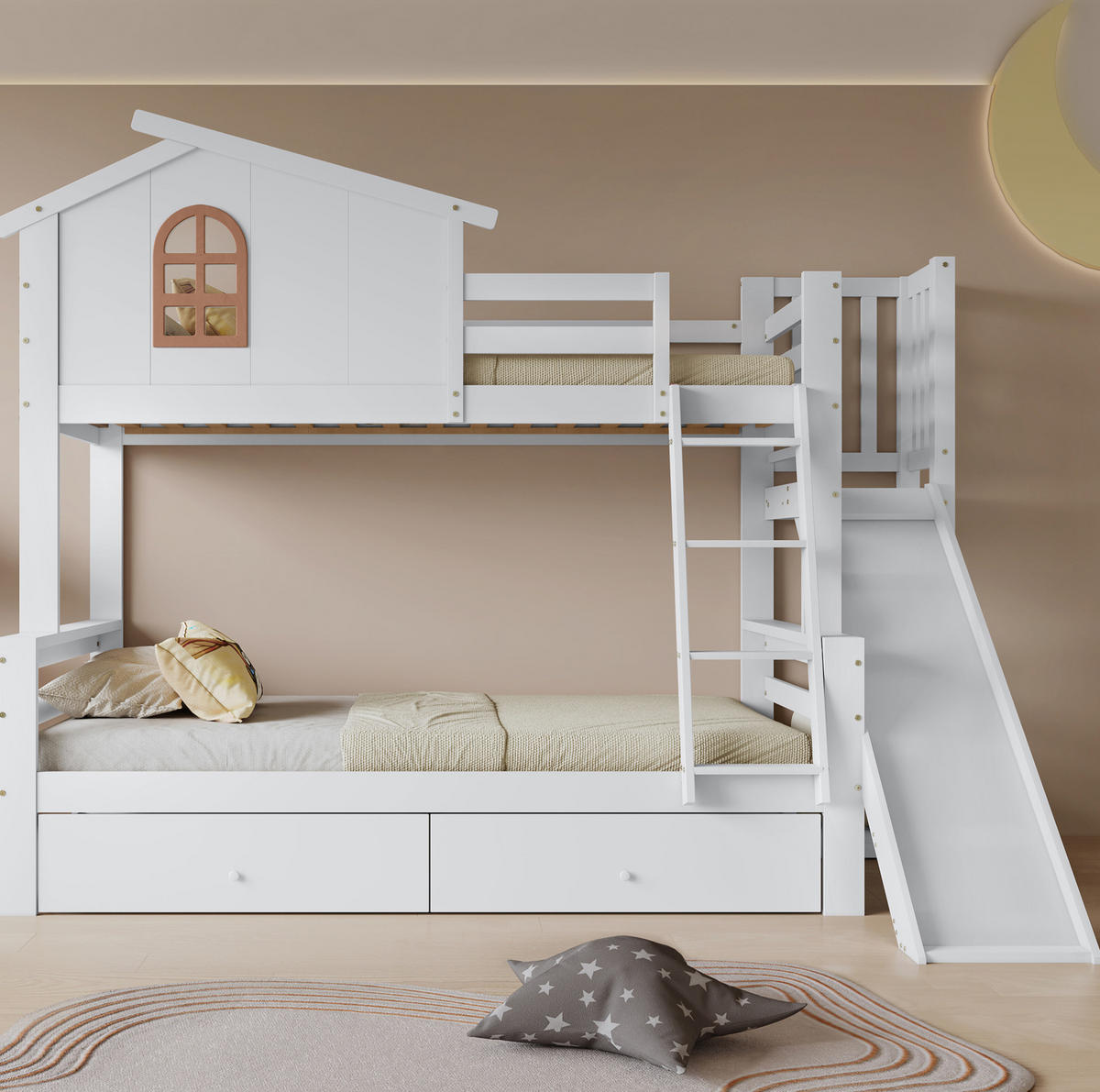 ETAGENBETT 90/200 & 120/200 cm mit Rutsche, Fenster, 2 Schubladen und Kiefer/MDF-Gestell, Weiß - Weiß, Holz (90/200cm) - Redom