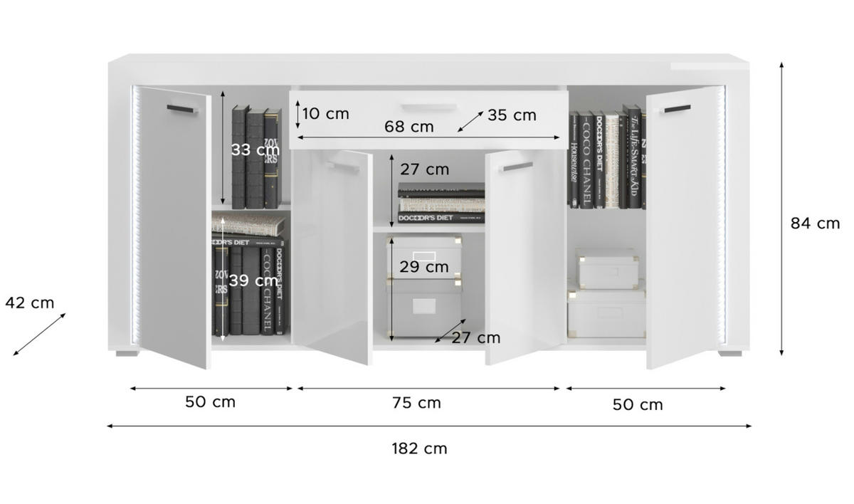 WOHNWAND weiß Hochglanz 330 cm, Soft-Close-Funktion, inkl. Beleuchtung - Weiß Hochglanz/Silberfarben, Glas/Holzwerkstoff (332/202/42cm) - Inn.Furn